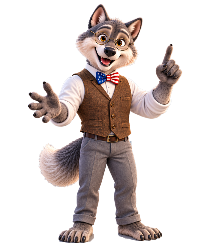 Wolfy, a friendly wolf tutor wearing glasses, a vest, and a bow tie